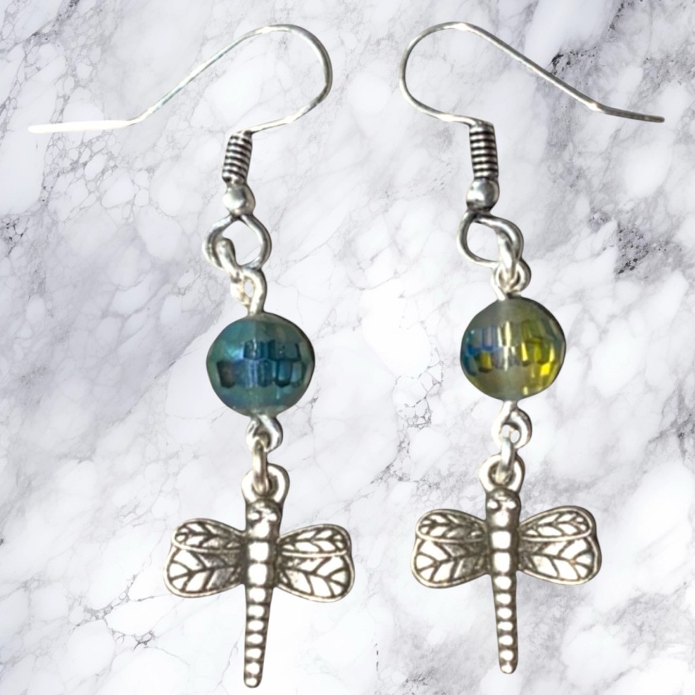 Hand Crafted Earrings Firefly Dragonfly Dangle Silver Pierced Long Faceted Bead